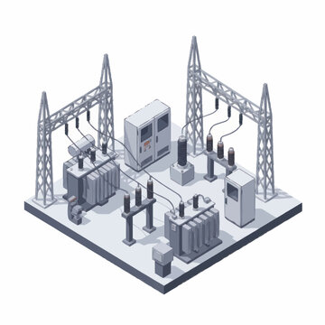 Isometric view of electrical substation with transformers and power lines.