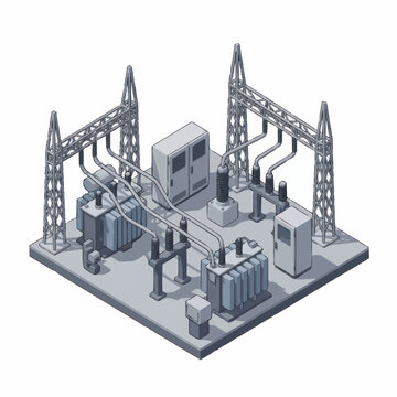 Isometric view of electrical substation with transformers and towers.