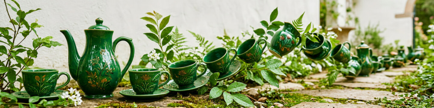 Green ceramic tea set with gold floral patterns arranged in a winding row in a lush garden. Vintage teapot and matching cups sit on a mossy path. Elegant lifestyle concept for home decor.