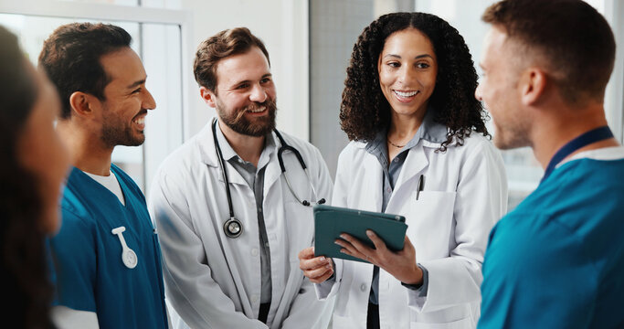 Doctor, nurse or staff meeting in hospital with tablet, research or teamwork for medical case study. Happy, healthcare worker or people in clinic with tech, advice or discussion for patient diagnosis