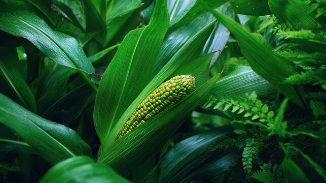 Young Corn Cob emerging from lush green leaves with soft diffused light in a tropical garden setting