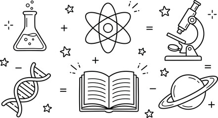 Science and education vector line icon set featuring laboratory flask atom molecule microscope dna strand open book and ringed planet saturn elements © MDHELAL