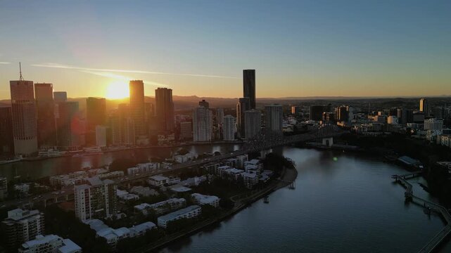 Sunset aerial view of Brisbane city and the Brisbane River
