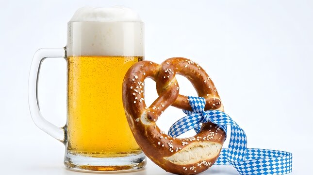 Oktoberfest celebration golden lager beer with a traditional bavarian pretzel and blue ribbon