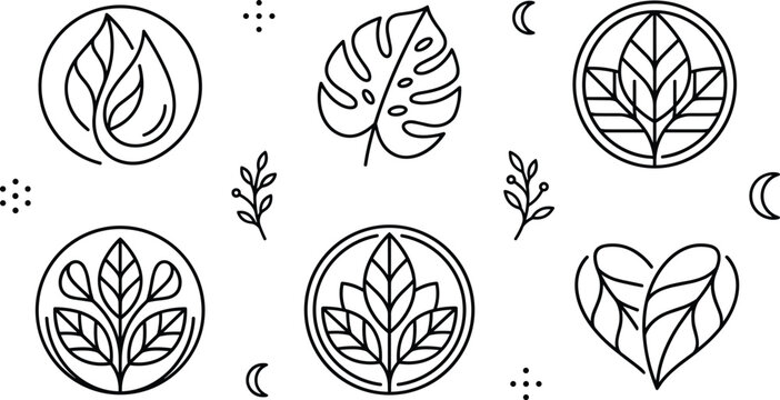 Minimalist botanical leaf icons and linear circle emblem design collection, vector black and white coloring page line art illustration isolated on white background.
