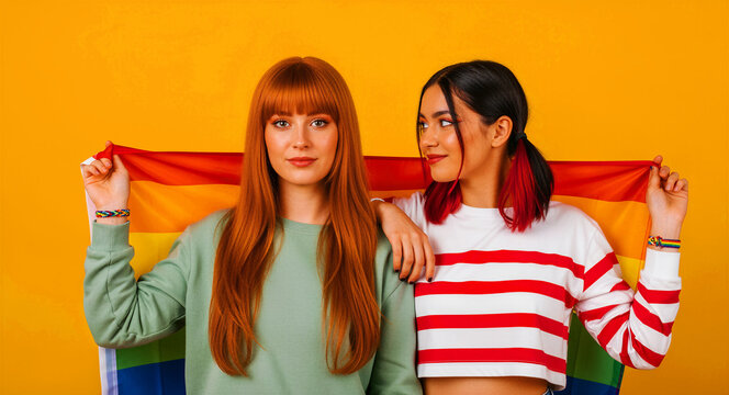 Two young women holding a rainbow flag against a yellow background. Diverse female couple celebrating LGBTQ+ pride and equality. Inclusion concept ideal for Pride Month marketing campaigns.