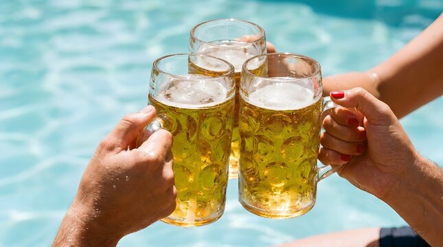 Cheers to summer friends toast with cold beer by the sparkling pool on a sunny day