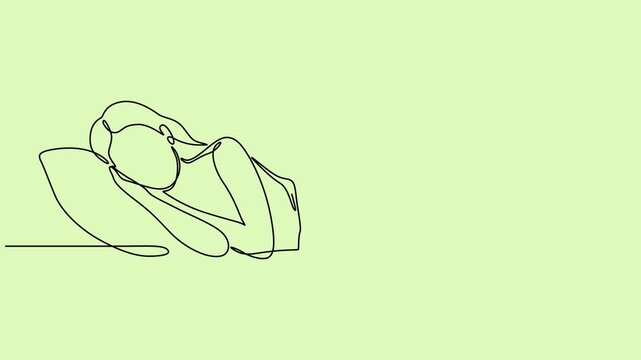 Animated self drawing of Woman sleeping on pillow bed continuous one line drawing. Sleeping woman in single line art Video, Self animated, potentially depicting her resting or sleeping vector style.