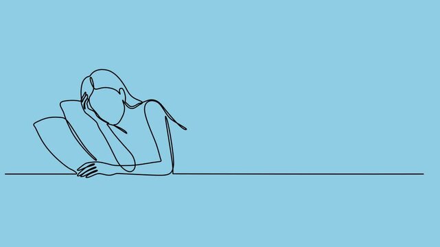 Animated self drawing of Woman sleeping on pillow bed continuous one line drawing. Sleeping woman in single line art Video, Self animated, potentially depicting her resting or sleeping vector style.