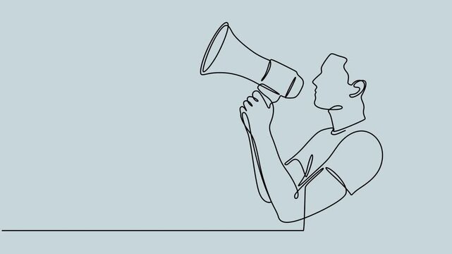 Animation of an image drawn with a continuous line. The man speaks through a megaphone, Animation of continuous one line drawing casual dressed man holding megaphone and shouting. Shout out. Loud pro.