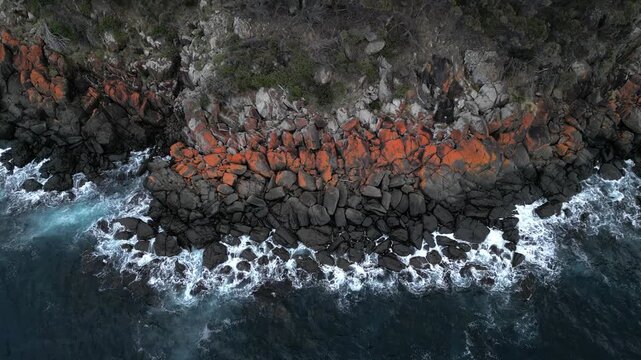 Aerial view of Orange Lichen Covered Boulders at Bay of Fires, Tasmania