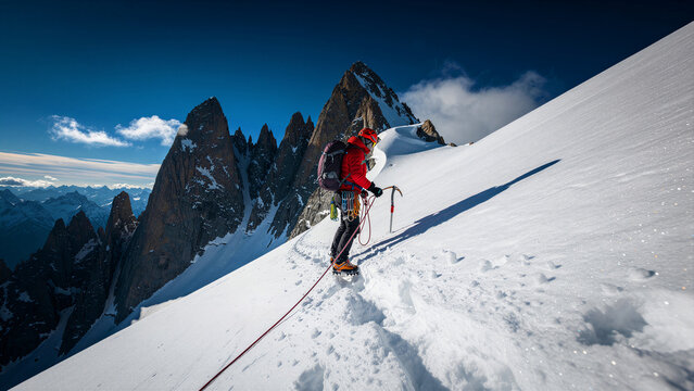 Mountaineer climbing a steep snow slope on a high mountain peak. Alpinist using ice axe and rope during a winter expedition in rugged terrain. Adventure and extreme sports concept for marketing.