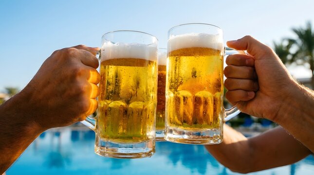 Cheers to summer two frosted mugs of golden lager beer clinking together by a sparkling pool