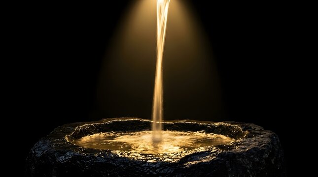 Dramatic illuminated water stream pouring into an ancient dark stone basin against a pitch black background. Serene concept photo for zen spa, purification, wudu, and natural spring water.