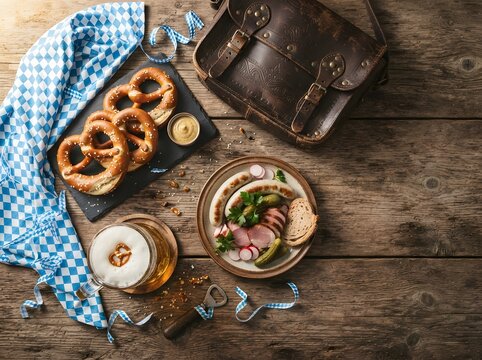 Traditional bavarian feast pretzels cold cuts beer and leather messenger bag on rustic wood