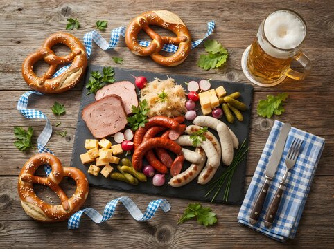 Authentic bavarian charcuterie board with pretzels and beer a traditional german feast for celebrations