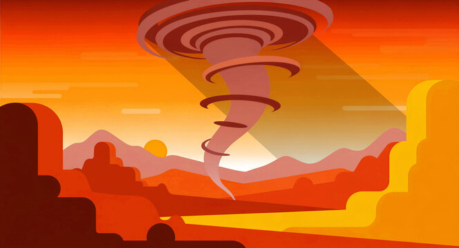 Stylized vector of a tornado spinning in a desert canyon. Vibrant orange sunset with minimalist geometric mountains. Weather disaster concept, ideal for climate change awareness or storytelling.