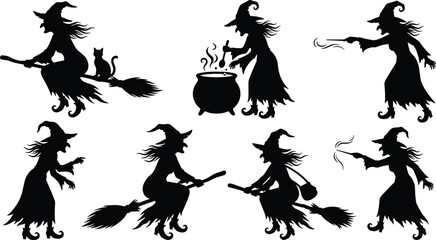 Halloween witch silhouette vector set with spooky characters flying on broomstick cooking in cauldron casting magic spells with wand © Sumita