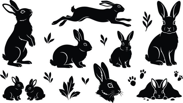 Rabbit silhouette vector set with cute bunny characters running sitting looking from hole and paw prints for Easter or nature design