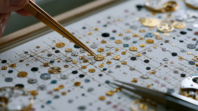 A watchmaker's magnified tools and partially disassembled movement components arranged on a sterile white lightbox surface, each piece positioned along a scatter plot correlation