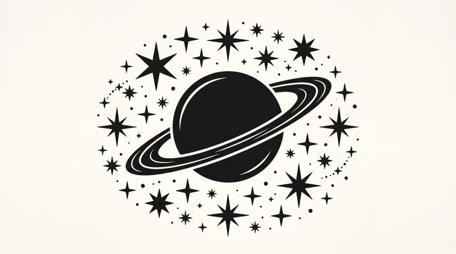 "Create a minimalist celestial vector illustration featuring a bold black silhouette of a ringed planet centered within the composition. Surround the planet with elegant four-pointed and multi-pointed