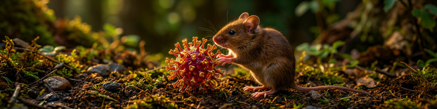 Small brown mouse touching a colorful coronavirus model in a natural forest setting. The rodent sits on mossy ground illuminated by warm sunlight. Zoonotic disease transmission science concept.