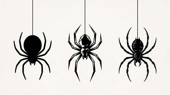 "Create a striking collection of black spider silhouettes in a minimalist vector style. Arrange three distinct spider designs horizontally on a light neutral background, each suspended by a thin silk 