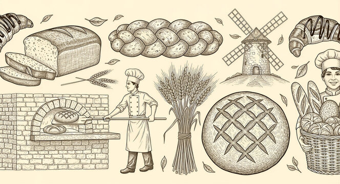 Baker using a stone oven with various artisanal breads and a windmill. Vintage engraving style sketches of wheat, croissants, and baguettes. Ideal for organic bakery branding and food packaging.