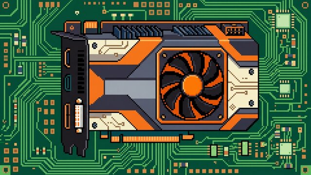 Pixel Art Graphics Card on Green Circuit Board Illustration