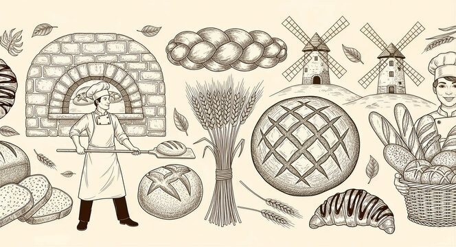 Hand-drawn bakery illustrations featuring bakers, stone oven, and assorted artisanal breads. Detailed sketches of wheat, windmills, and pastries in a vintage engraving style. Perfect for branding.