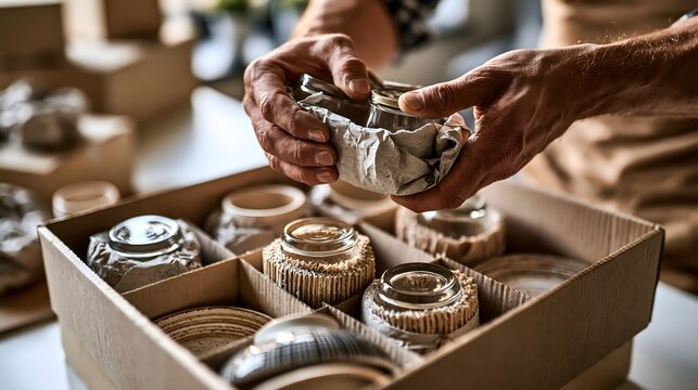 H&auml;nde verpacken zerbrechliche Dekoration sorgf&auml;ltig f&uuml;r einen Umzug