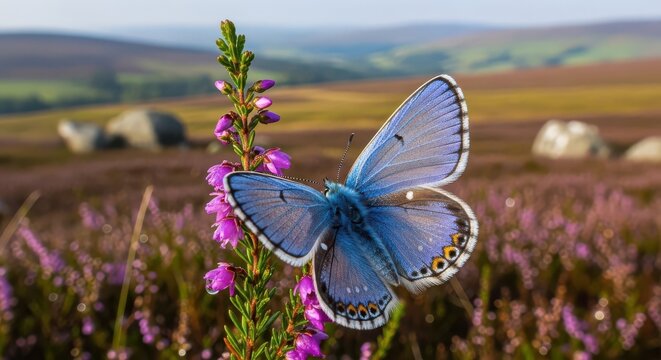 A Blue Adonis Butterfly Perched on Purple Heather Blooms