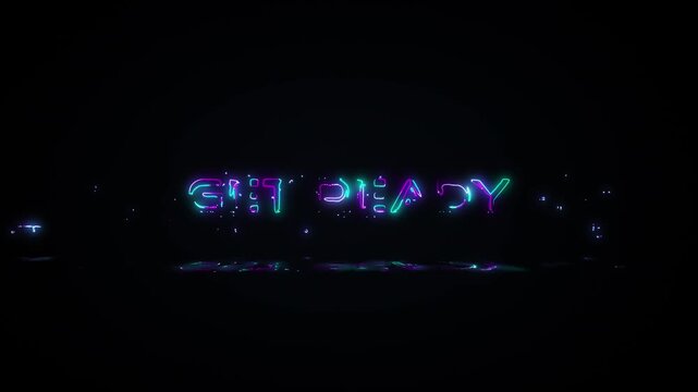 Loop Get Ready blue pink neon glitch text flashing effect on Black abstract Background. Element for Isolated transparent video animation text with alpha channel using Quick time prores 444