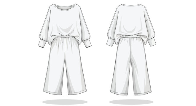 Minimalist Women Loungewear Set Technical Drawing Featuring Oversized Top and Wide Leg Culotte Pants Template