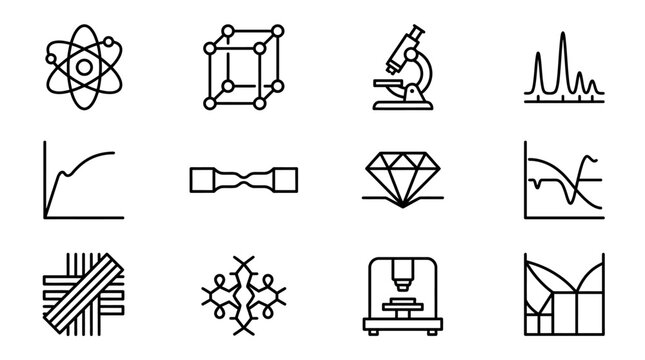 Science and Research Icons: Atomic Structure, Crystals, Microscope, Graphs, Diamond, Material Testing