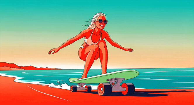 Young blonde woman in a bikini skateboarding on a beach. Vibrant vector illustration of a girl riding a longboard at sunset. Summer lifestyle and surf culture art for travel and fashion marketing.