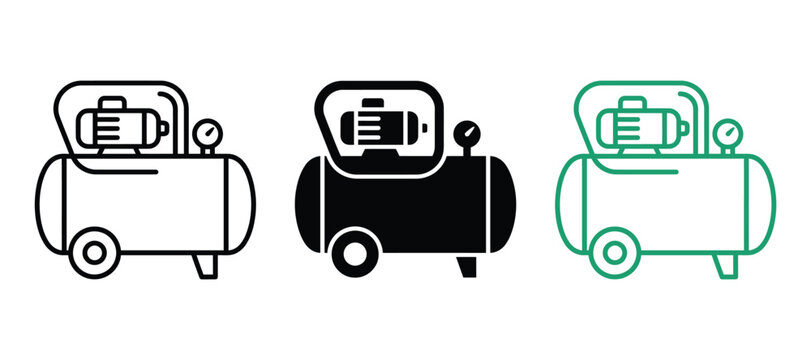 Air compressor machine icons in outline solid and linear styles with compressor