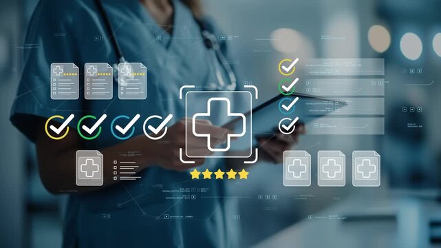 Healthcare nurse reviewing digital patient documentation with animated healthcare quality control icon, electronic medical records and clinical workflow management dashboard