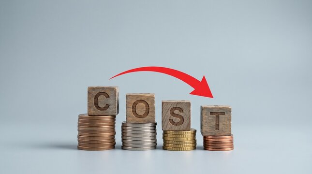 Wooden blocks spelling cost stacked on decreasing piles of coins with a red downward arrow symbolizing cost reduction with coins decreases height
