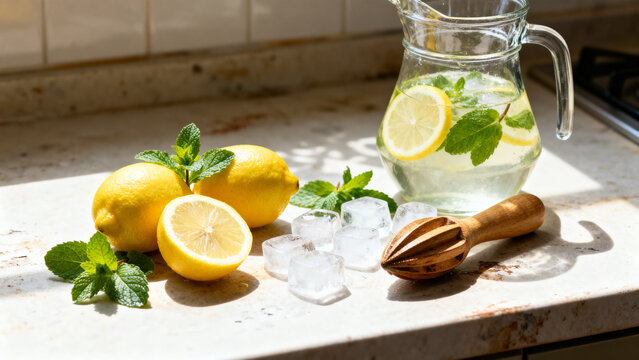 Refreshing summer lemonade in a glass pitcher with fresh lemons, mint leaves, ice cubes, and a wooden citrus reamer on a bright sunlit kitchen counter.