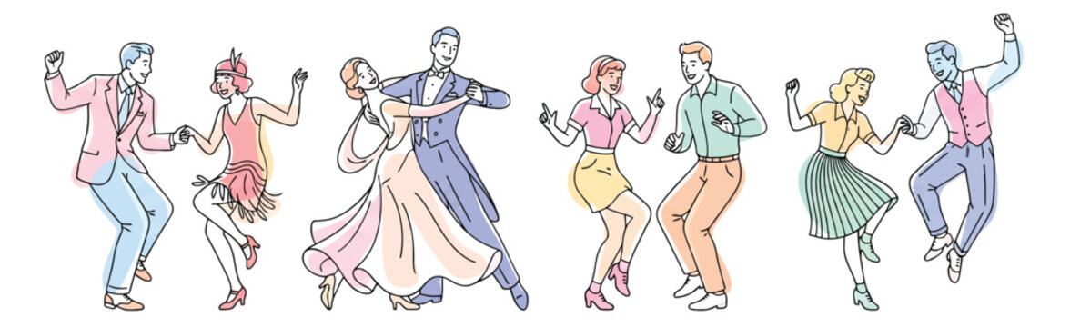 Line art illustration of four diverse couples dancing various vintage styles