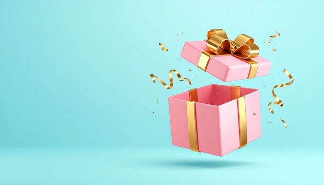 Floating pink gift box with gold ribbon and streamers, presented against a blue background