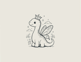 Fototapeta premium A cute crowned dinosaur is decorated with fairy wings creating a magical fantasy illustration playful