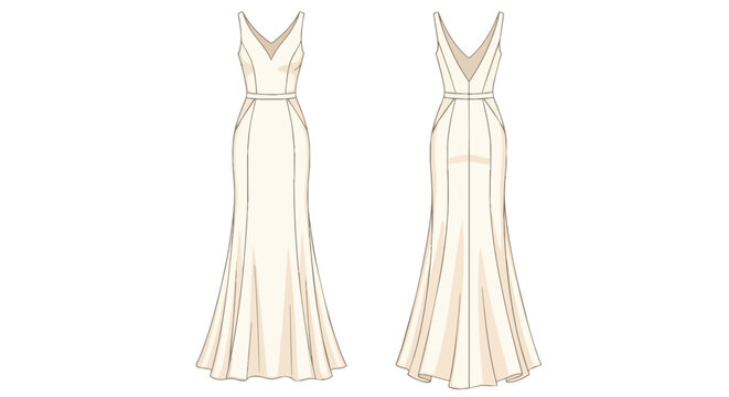 Ivory Sleeveless V Neck Long Wedding Dress Illustration Set with Front and Back View for Fashion Design Mockup