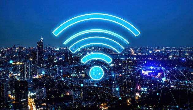 Illuminated WiFi symbol over cityscape with connected nodes, blue hues dominate