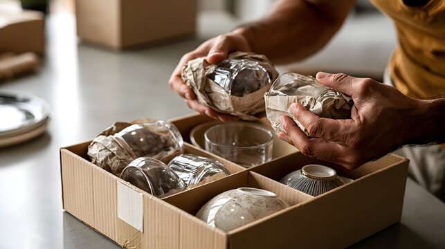 H&auml;nde verpacken zerbrechliche Wertgegenst&auml;nde sorgf&auml;ltig f&uuml;r einen Umzug