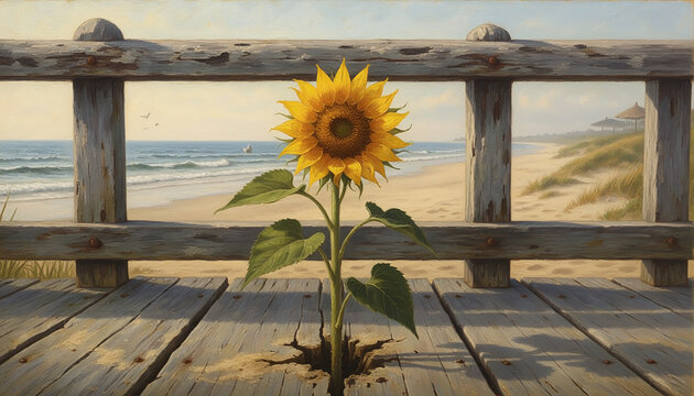 Single Sunflower Growing Through Wooden Boardwalk by the Beach Generative AI