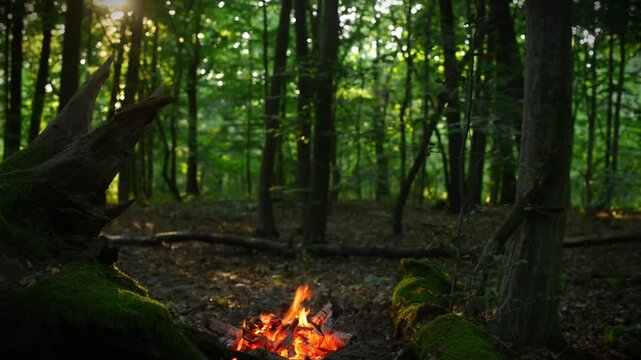 Campfire Burning in Sunlit Green Summer Forest with Natural Audio, Seamless Video Loop, Scenic Outdoor Woodland Ambiance. 