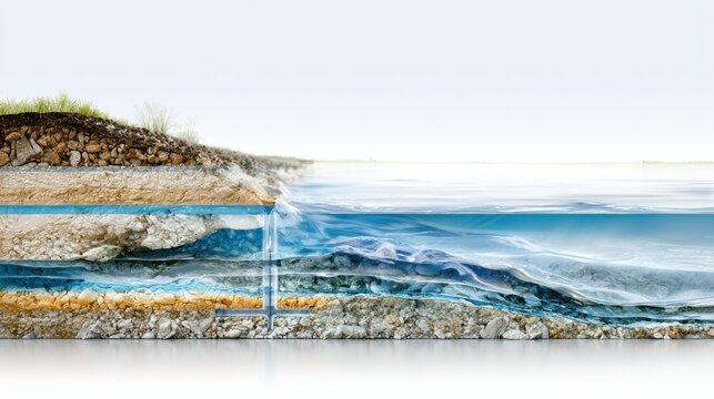 Cross-section of the earth showing underground water and layers of soil, rock, and sand, with a body of water on the surface