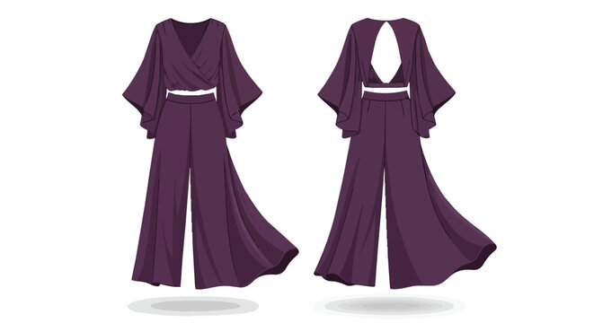 Elegant Purple Plum Two-Piece Women Fashion Set with Flare Sleeve Crop Top and Wide Leg Trousers Front Back View